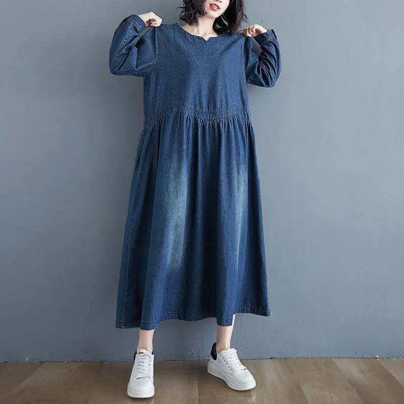 Denim Dress Women's Long-sleeved Spring and Autumn Loose Over-the-knee Dress