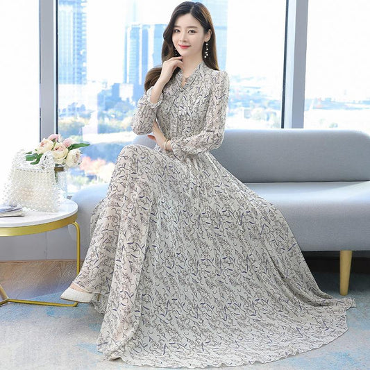 Chiffon Long Sleeve Dress Spring and Autumn Floral Chiffon Super Fairy Waist Beach Dress Long Skirt Fabric Lightweight Breathable