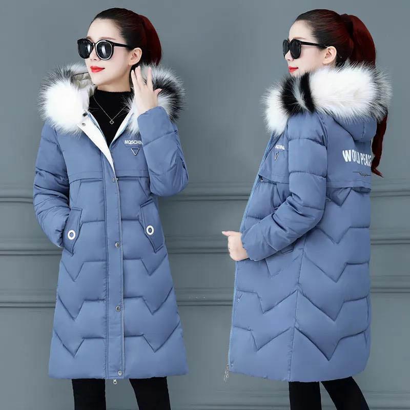 Down Padded Jacket Women's Mid-length Winter Clothes Korean Style Slim and Thin Big Fur Collar Thick Padded Jacket