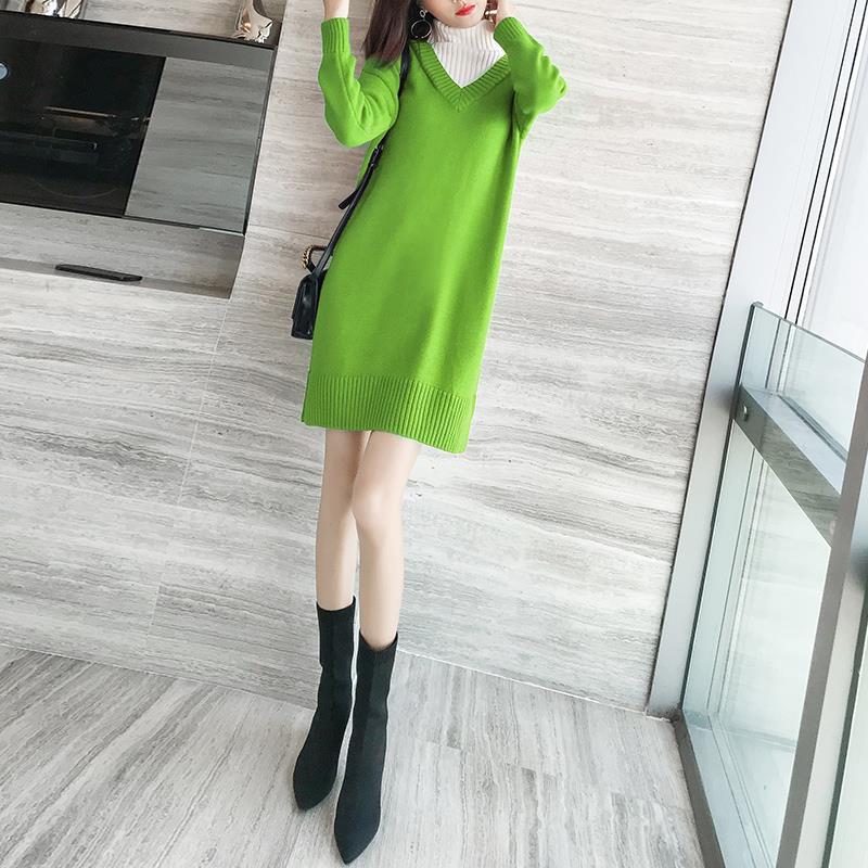 Autumn And Winter Fashion Casual Jacket Mid-length V-neck Solid Color Sweater Loose Lazy Style Dress Women