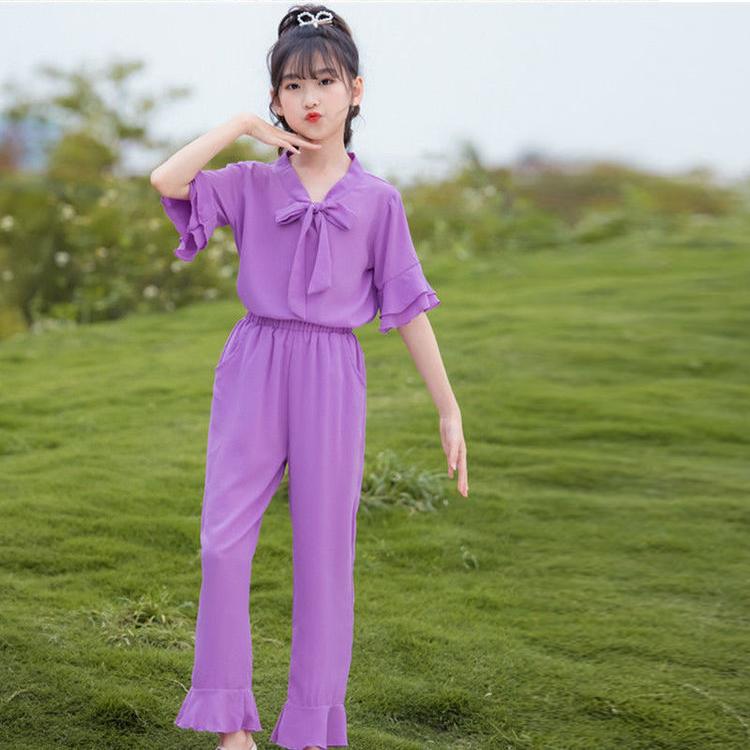 Girls' Set Summer Thin Korean Short Sleeve Pants Two Piece Set Bow Tie Ruffle Loose Suit Casual Wear