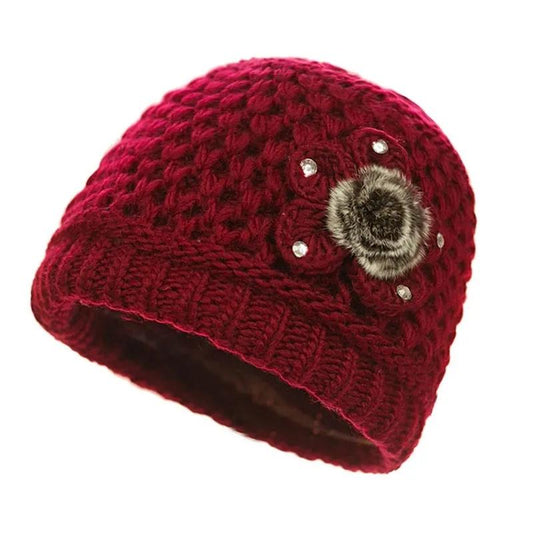 Women's Autumn and Winter Vintage Hat Mother Knitting Wool Thickening Plus Velvet Padded Warm Hat Handmade Knitted Floral Retro Cold-resistant Cap