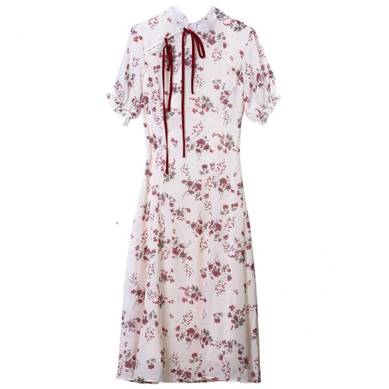 Female Improved Cheongsam Vintage Holiday Fairy Dress Slim Light Mature Style Elegant Stand-collar Floral Print Dress