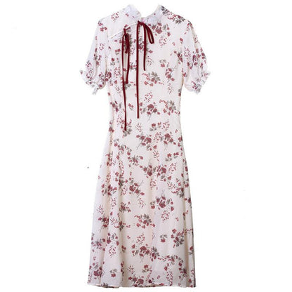 Female Improved Cheongsam Vintage Holiday Fairy Dress Slim Light Mature Style Elegant Stand-collar Floral Print Dress