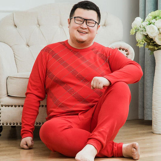 Men's Plus Fat and Increased Pure Cotton Autumn Clothes Long Trousers Suit Large Size Thin Thermal Underwear Fat Man Middle-aged Fat Guy Loose