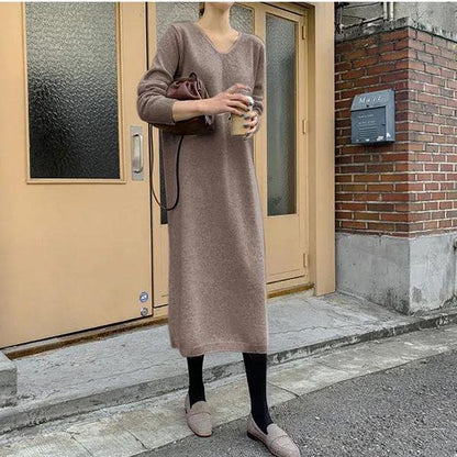 Autumn and Winter Long Sweater Skirt Over The Knee All-match Women's Pullover Long Sleeve Loose Large Size Sweater