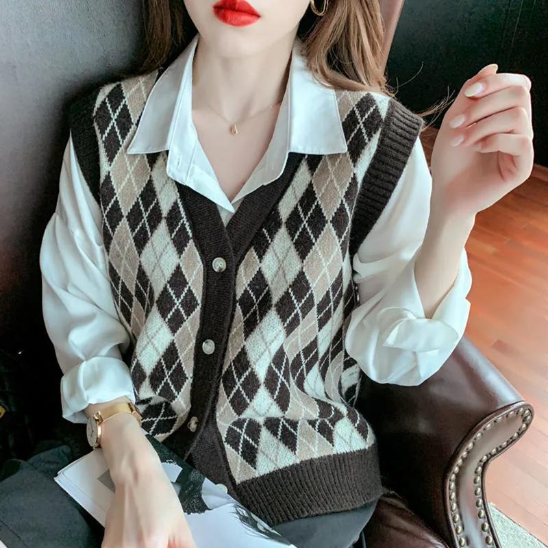 Women's Autumn Sweater Art British Style Hit Color Geometric Knitted Sweater Vest V-neck Loose Button Sleeveless Cardigan Waistcoat College Style