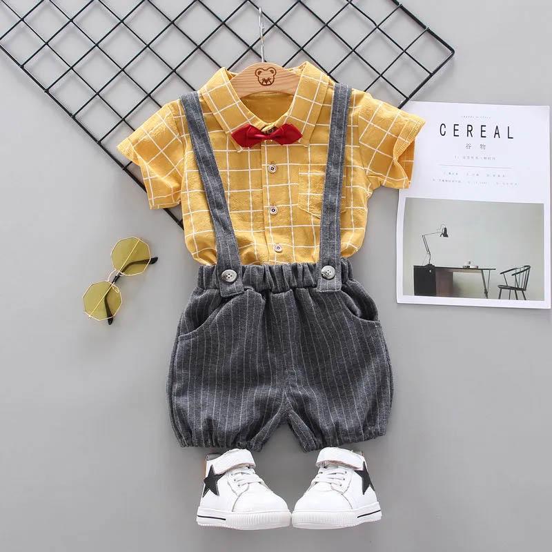 Boys and Girls Summer Suits Cute Children's Clothing Baby Short-sleeved Little Boy Clothes Overalls Plaid Pattern Summer Two-piece Suit