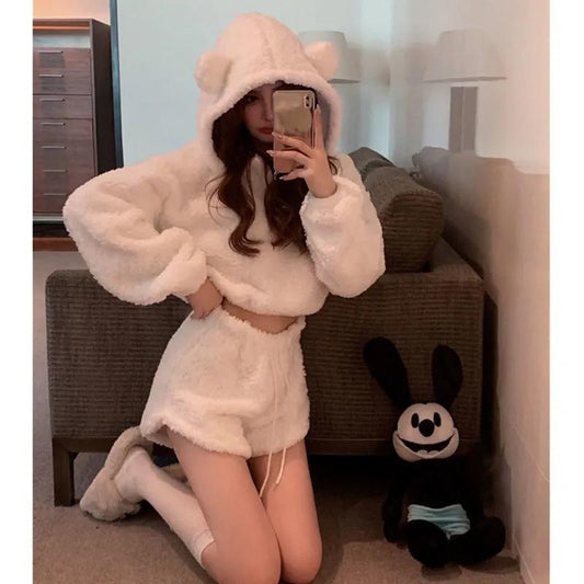 Faux Lamb Wool Coat Top Pants Two-piece Set Cute Plush Bear Ear Hooded Women's Sexy Homewear Short Pants Suit