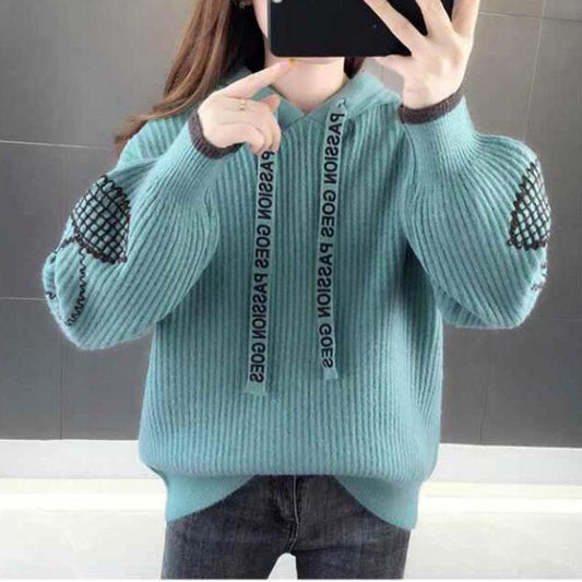 Women's Jacquard Hooded Pullover Loose-fitting Outer Wear Autumn and Winter Lantern Sleeve Sweater Jumper