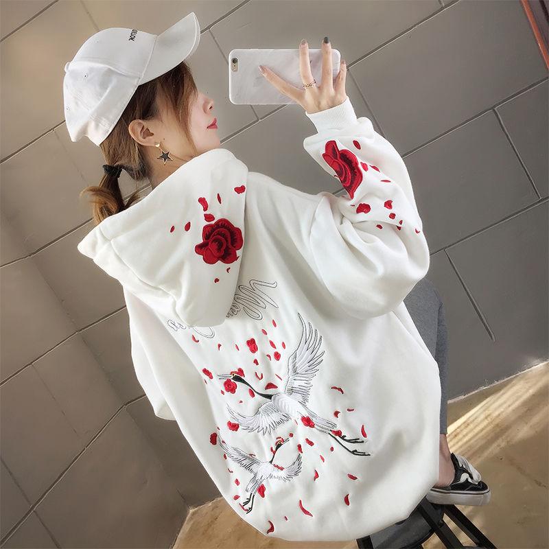 Crane Floral Embroidery Harajuku Hoodies Women Autumn Winter Thick Fleece White Black Hooded Pullover Tops Oversized Streetwear Hip Hop Sweatshirts