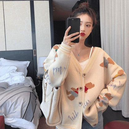 Loose Knit Cardigan Women's Autumn Lazy V-neck Embroidered Bear Sweater Jacket College Style Sweet Fresh Casual Sweater Jacket