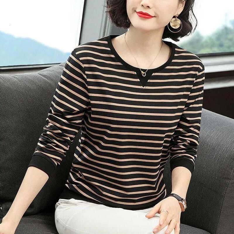 Striped T-shirt Women Autumn Long Sleeve Casual Baggy Tshirts Shirt Ladies Tops Pullover