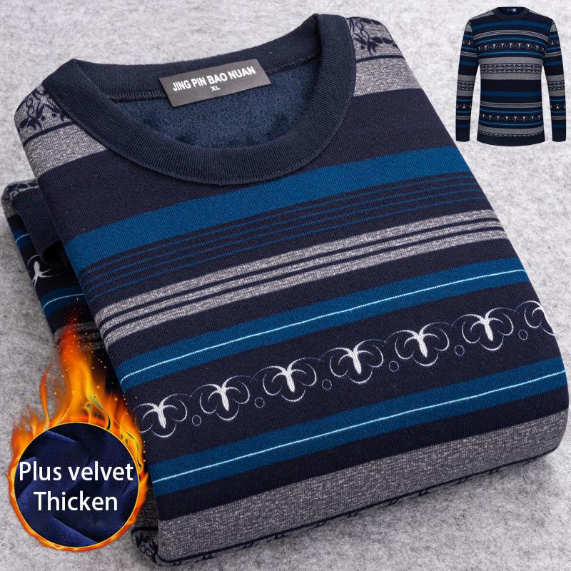 Men's Sweater Plus Velvet Thick Knit Sweater Round Neck Printing Long-sleeved T-shirt Plus Size Men's Casual Top