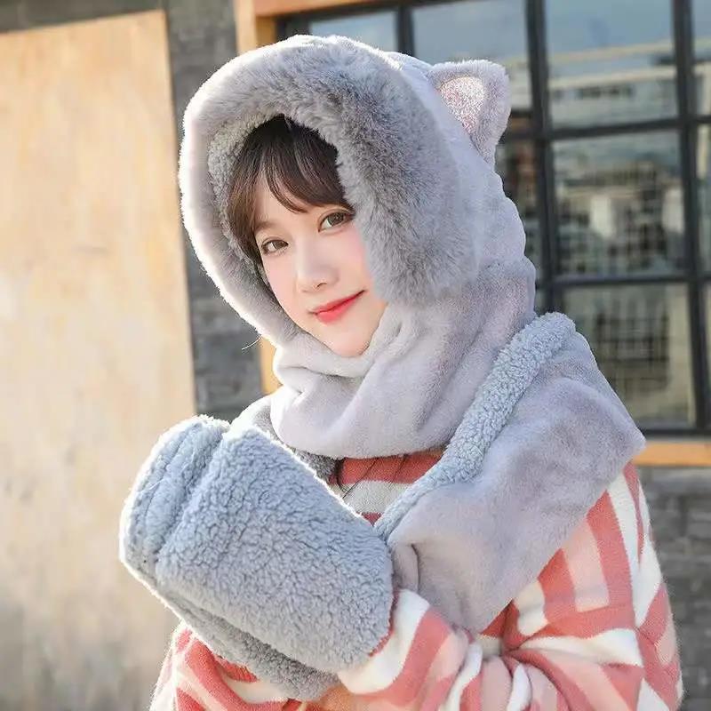 Women's Hat Scarf Set Winter Cute Bow Windproof Hat Cold Proof Warm All-match Plush Padded Collar Ear Protection Solid Bib Cap Set