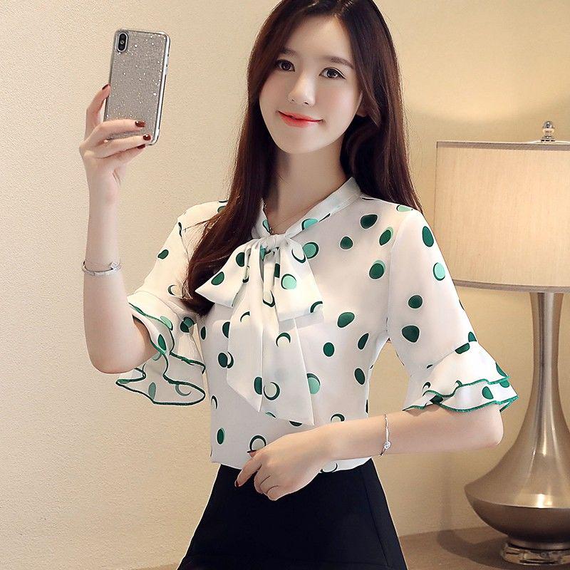 Sweet Shirt Summer Polka Dot Half-sleeved Top Women's Lotus Leaf Collar Polka Dot Shirt Short-sleeved Chiffon Shirt Tie Bow Shirt