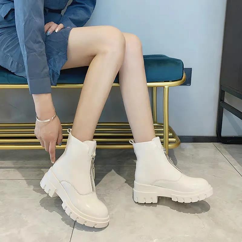 Front Zipper Martin Boots Female British Style Thin Spring and Autumn Net Red Wild Thin Boots Thick-soled Short Boots