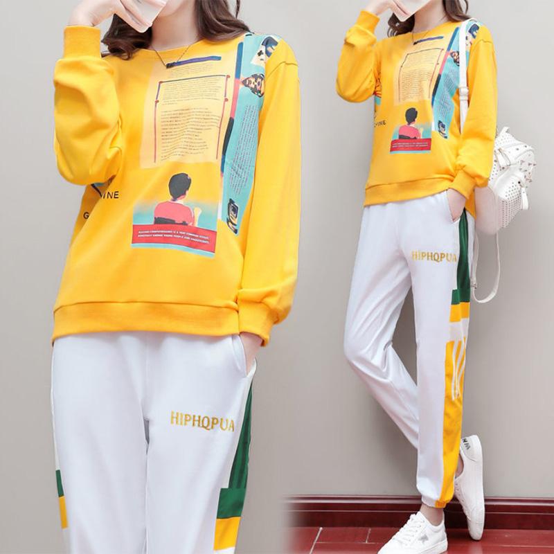 Suit Spring and Autumn Sweater Long-sleeved Casual Sports Suit Women's Fashion Stitching Large Size Sports Pants Two-piece Trendy