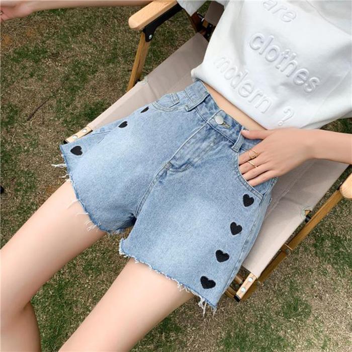 WTEMPO Heart-shaped Embroidery Washed Denim Summer Women Denim Shorts Jeans High Waist Casual Shorts