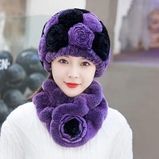 Imitation Rabbit Fur Hat Winter Outdoor Warm Pullover Hat Fashion Flower Plush Hat