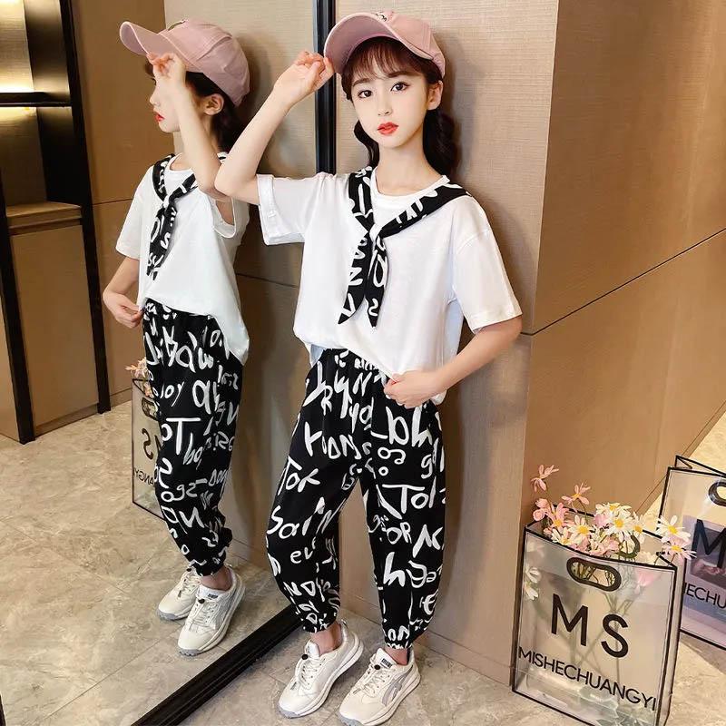 Girls Summer Suits Children's Short-sleeved Nine-point Trousers Anti-mosquito Pants Thin Comfortable and Loose Two-piece Set