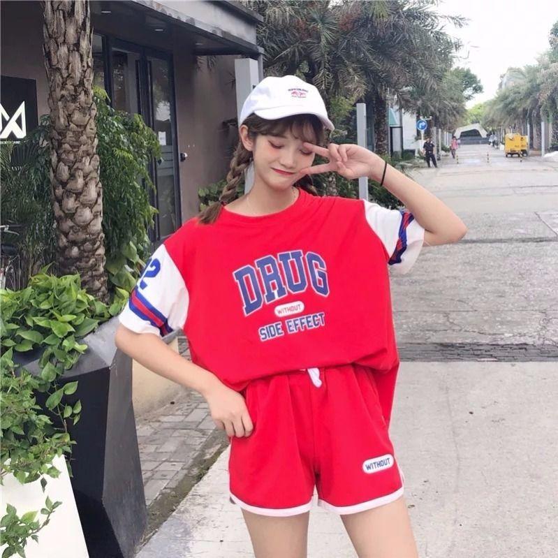 Half-sleeved Top + Shorts Two-piece Sports and Leisure Suit Women's Loose T-shirt Cute Home Casual Wear Fabric Soft Light and Breathable