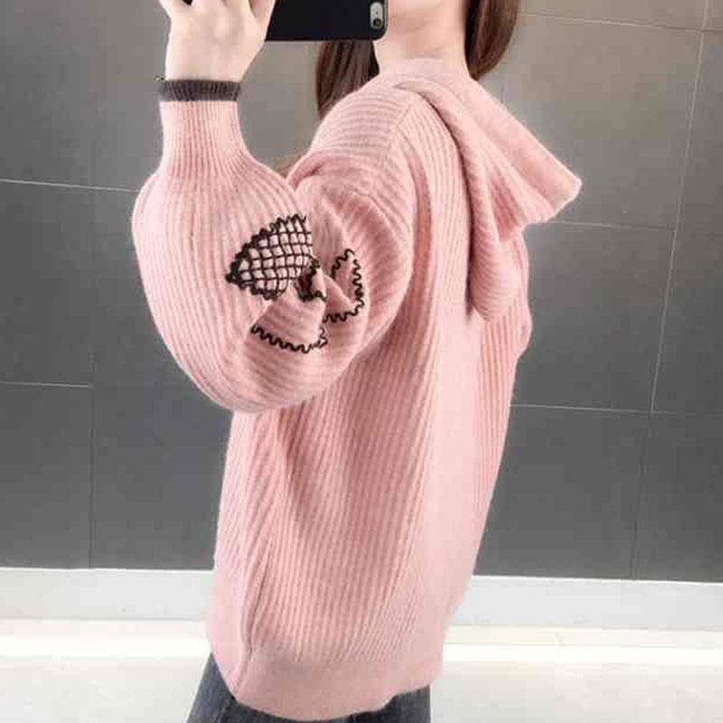 Women's Jacquard Hooded Pullover Loose-fitting Outer Wear Autumn and Winter Lantern Sleeve Sweater Jumper