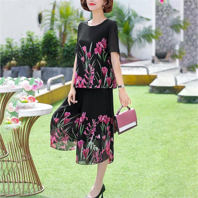 WTEMPO 2pcs Chiffon Shirt Pants Suit Women's Plus Size Spring and Summer Short Sleeve Loose Casual Printing Middle-aged Two-piece Set