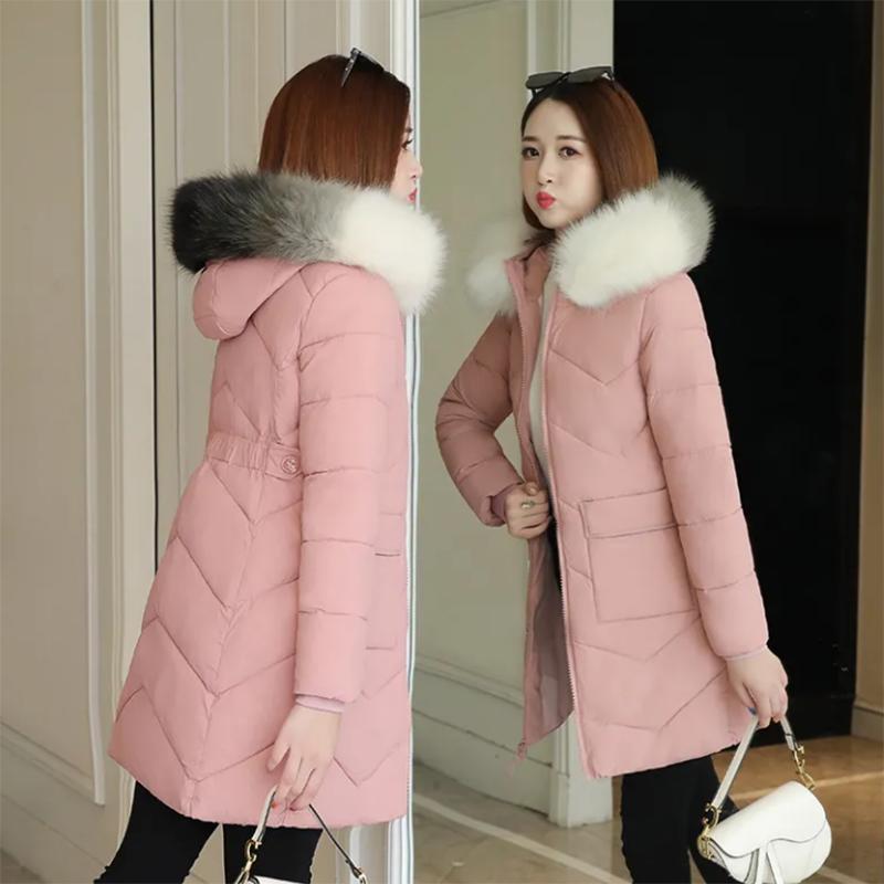 Women's Solid Color Down Jacket Mid-length Korean Loose Thick Coat Warm Cotton Coat Big Fur Collar Winter Clothes Quilted Coat