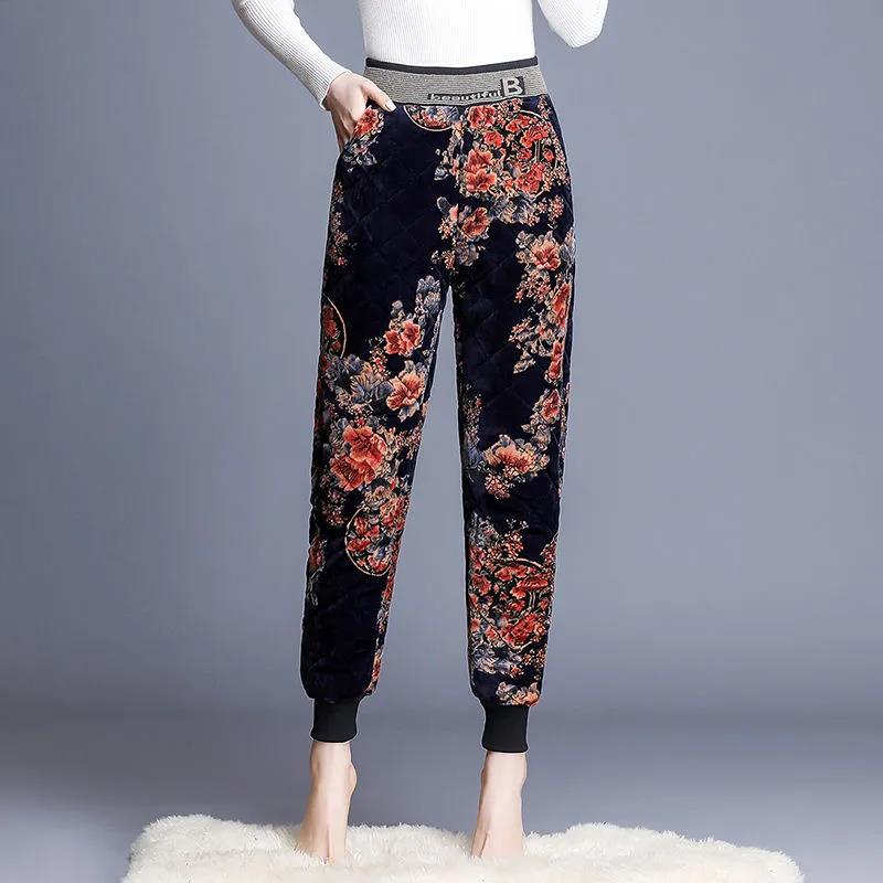 Middle-aged Elderly Plus Velvet Cotton Pants Women's Elastic High Waist Thickened Warm Pants Loose Casual Pants for Outer Wear