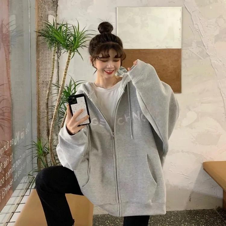 Embroidered Solid Color Sweater Coat Women Autumn and Winter Loose Hooded Cardigan Large Size Sweater Girl's Zipper Jacket