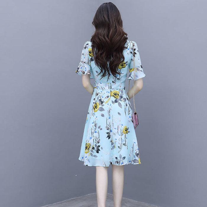 Pofulove S-2XL Women Summer High-end Floral Chiffon Dress Short-sleeved V-neck A-line Sun-dresses