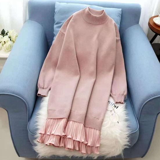 Women's Solid Color Mid-length Wool Dress Autumn and Winter Pullover Loose Over-knee Knit Bottomed Thickened Dress