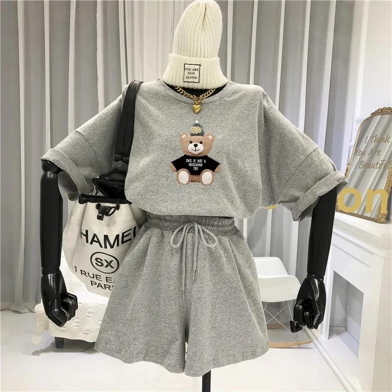 2PCS Women's Summer Cotton Suit Large Size Short Sleeve Shorts Casual Sportswear Two Piece Set Gym Fitness Running Jogging Suit Workout Clothes Set