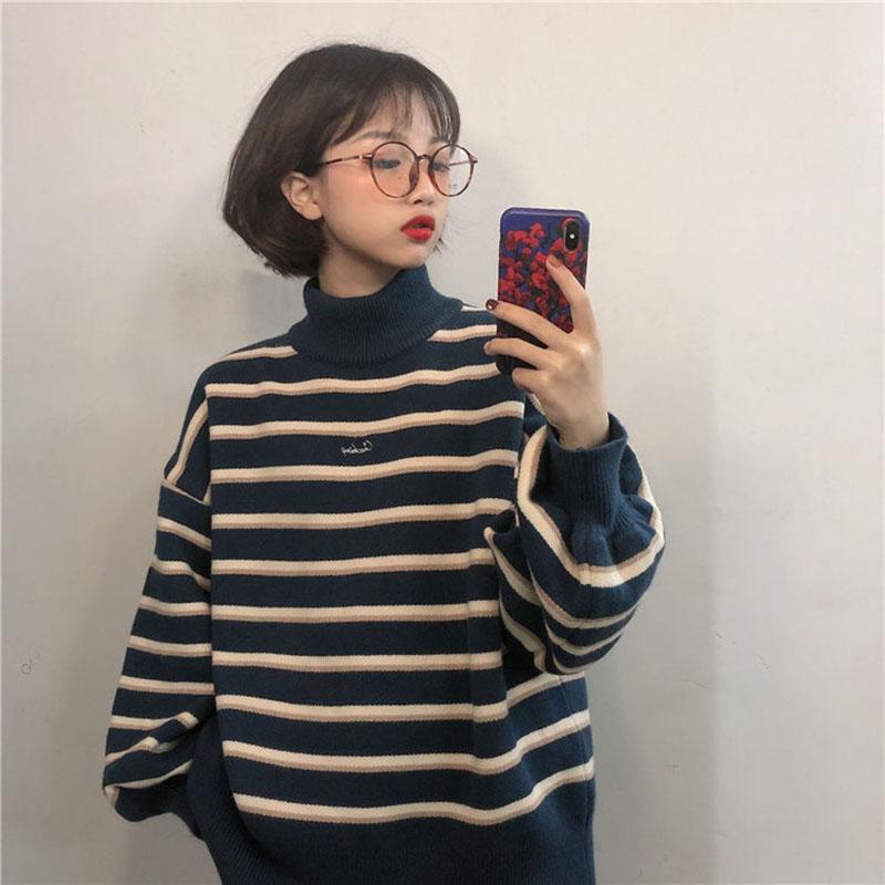 Korean Style Turtleneck Sweater Female Students Fall/winter Lazy Style Loose Pullover Striped Knitted Sweater