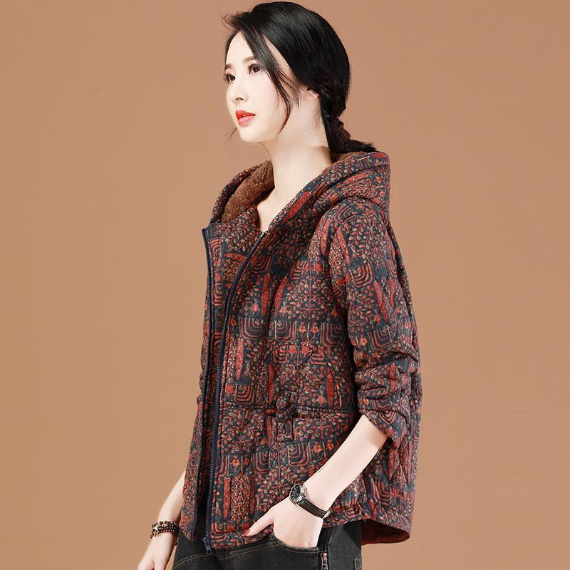 Vintage Printed Hooded Cotton-padded Jacket Women's Short Loose Thick Plus Velvet Padded Jacket Cardigan Parka Jacket Winter