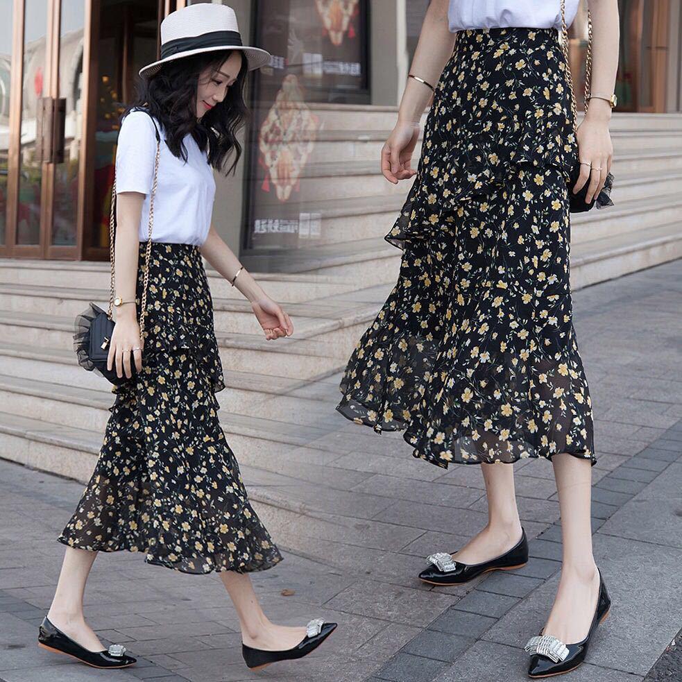 Women Skirt 2020 Summer Floral Skirt Chiffon Pleated Skirt Women High Waist Plus Size Print Skirt