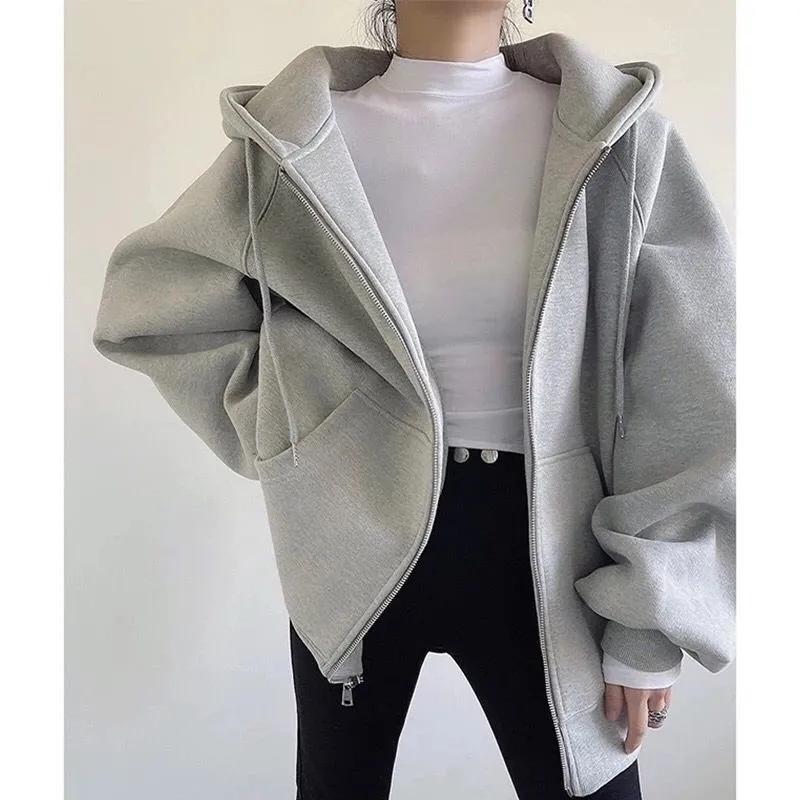 Spring and Autumn Women's Hooded Sweater Korean Style Loose Casual All-match Coat Top Ladies Cardigan Zipper Coat Hip-pop Jacket