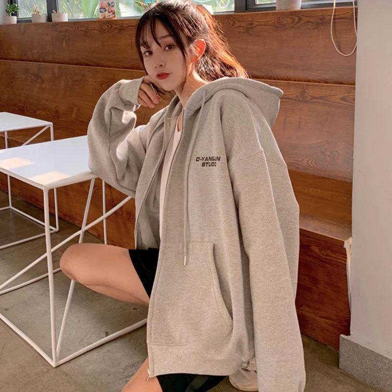 Female Autumn Hooded Cardigan Sweater Student Mid-length Top Coat Ins Girl's Loose Jacket Zipper Coat Long-sleeved Hooded Sweater Women Cardigans