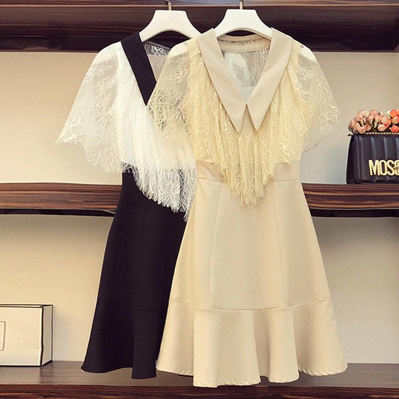 Women's Dress Large Size Summer Slim Lace Stitching Dress A-word Pleated Dress Elegant Party Dress