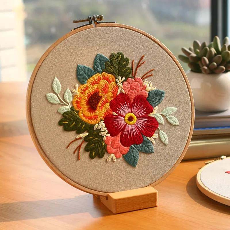 Floral Hand Cross Stitch Embroidery Cloth Starter Kits Needlepoint Color Threads Bamboo Hoop DIY