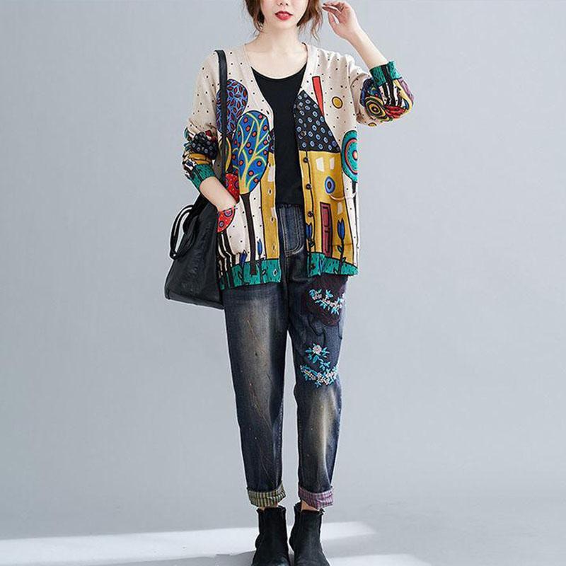 Vintage Art Plus Size V-neck Cardigan Coat Printed Long-sleeved Sweater Women Knitted Jacket with Pockets