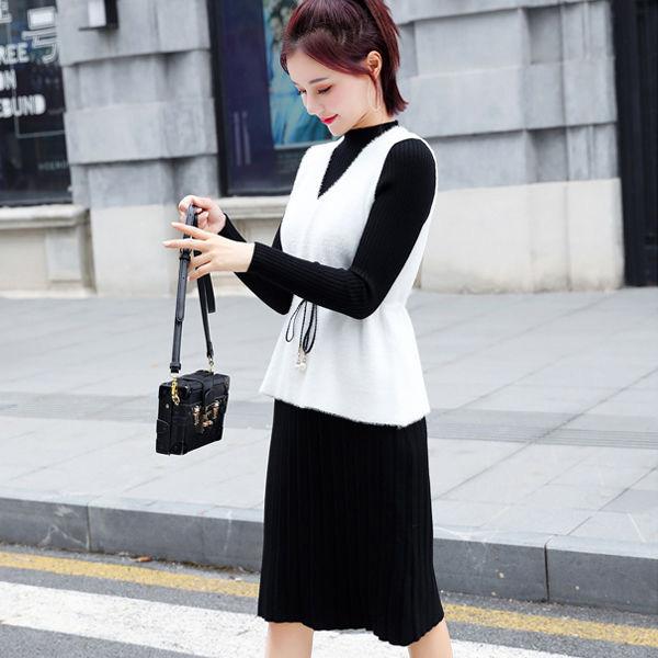 Autumn and Winter All-match Solid Color Two-piece Suit V-neck Vest Knitted Dress Women's Waist Strap Waistcoat