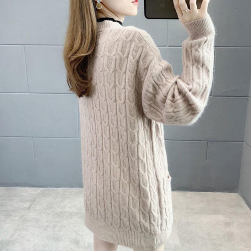 Women's Loose All-match Mid-length Knitted Sweater Cardigan Sweater Coat In Spring and Autumn