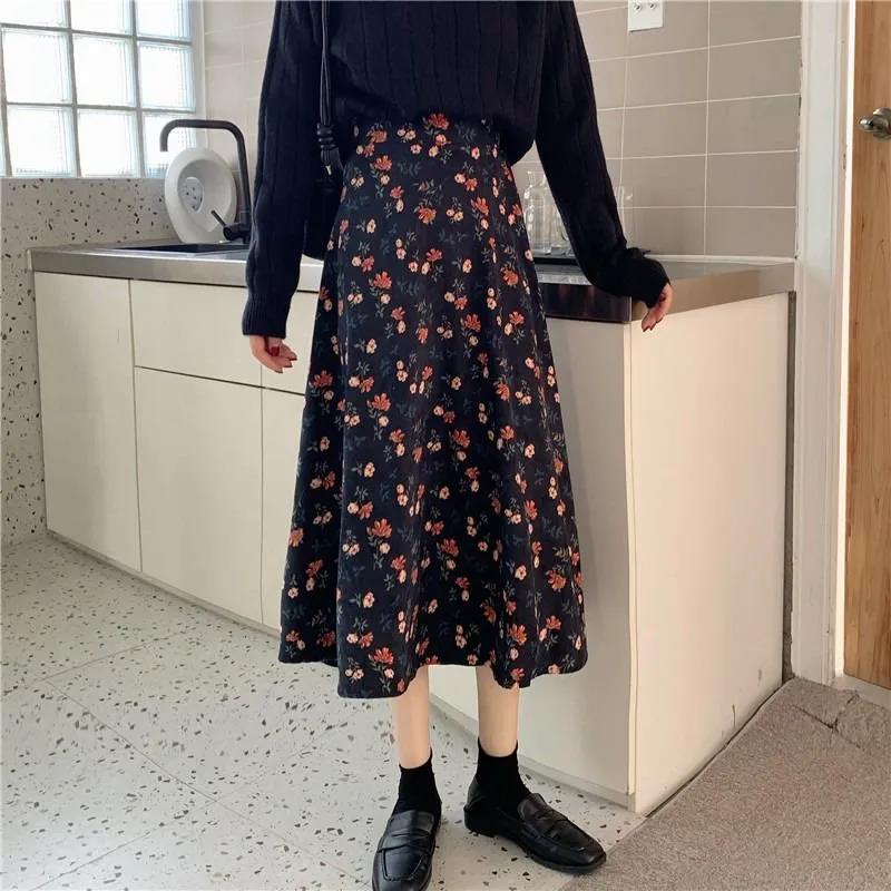 Corduroy Skirt Female Autumn and Winter Long Floral A-line Skirt Ins Super Fairy Thin Student Loose Long Skirt