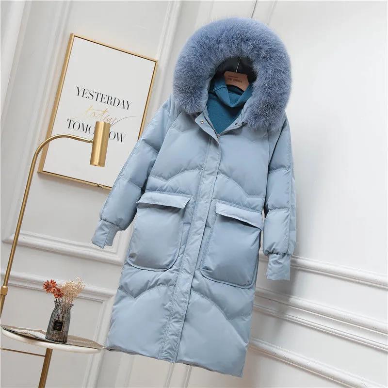 Down Jacket Winter Korean Fashion Big Fur Collar Mid-length Hooded Thick Warm Large Size Jacket Suitable for Women