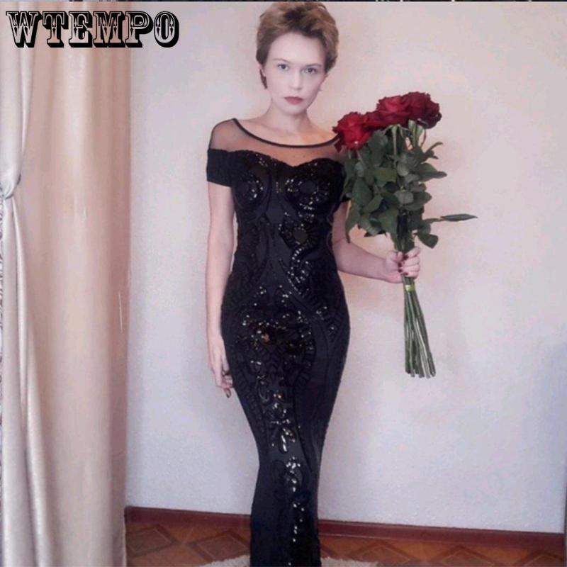 Black Long Mermaid Dress Night Party Elegant Dresses Women Sequin Off Shoulder Backless Sexy Slim Short Sleeve