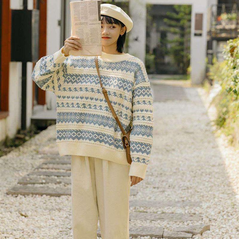 Autumn and Winter Loose Sweater Literary Retro Japanese Jacket Casual Jacquard Women's Top