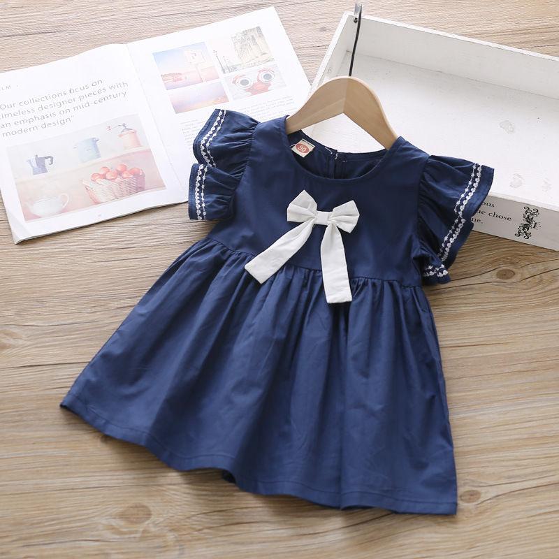 Summer Baby Girls Casual Clothes Dress Printing Short Sleeve Dress Kids Toddler Pageant Navy Dresses