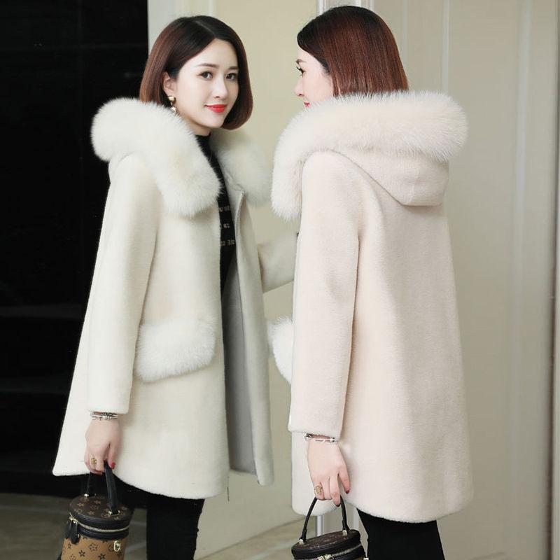 Autumn and Winter Sheep Shearing Coat Imitation Fox Fur Collar Loose Thick Coat Mid-length Casual Female Fur